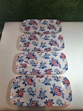 Lot of 4 Floral Melamine Serving Platters Red Blue White Oval Trays 15"x7" NWT